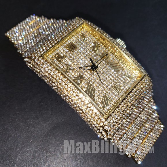 Men Full Iced Band Simulated Diamond Gold Silver Finish Hip Hop Metal Icy Watch - Picture 4 of 9